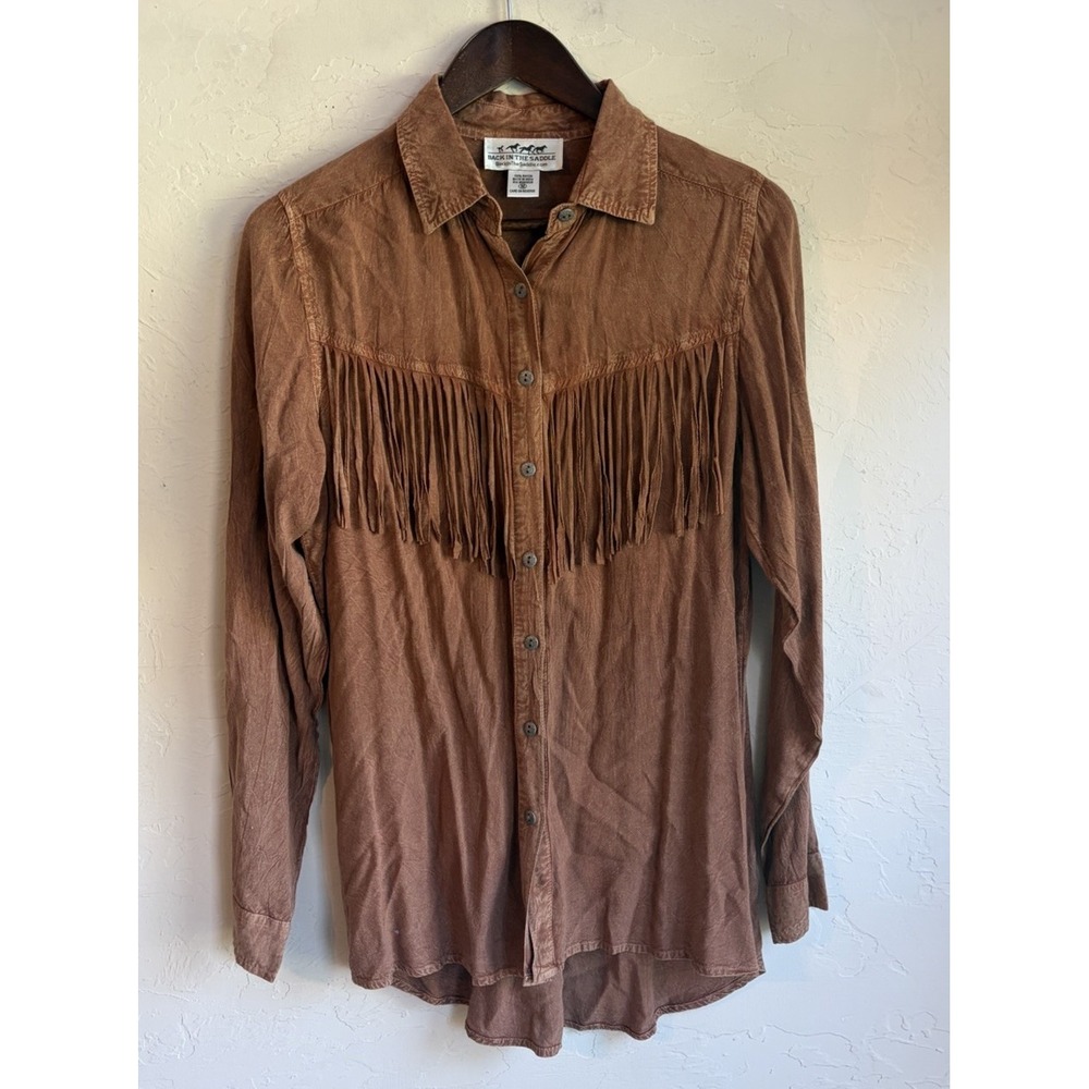 Back In The Saddle Western Fringe Button Up Top M Brown Boho Cowgirl Festival